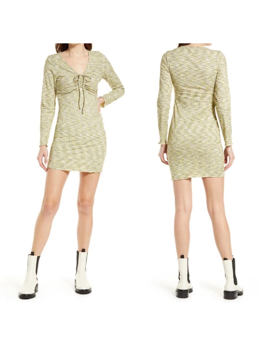 Lisa Says Gah Lotta Long Sleeve Honeydew Tie-Front Ribbed Mini Dress